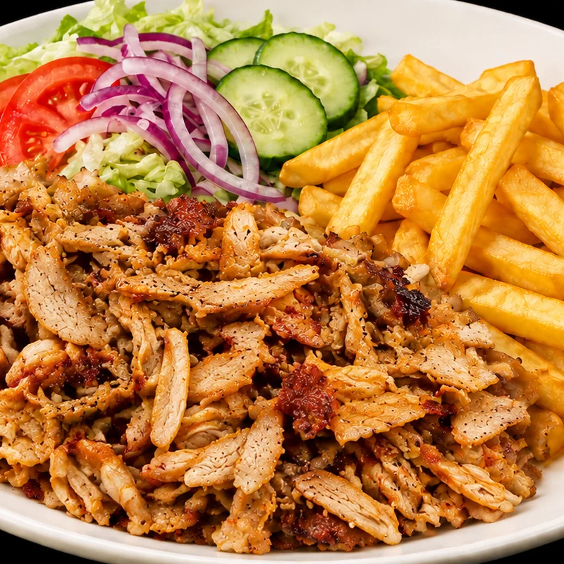 Kebab with chips and salad